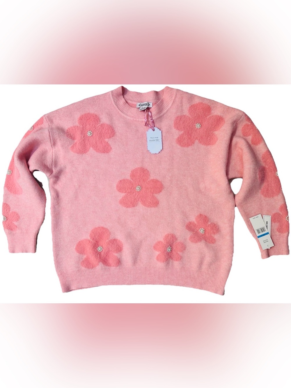NWT Nanette Lepore Rose Pink Sweater XL Pearl Embeliished Cottage Fuzzy Cozy $88